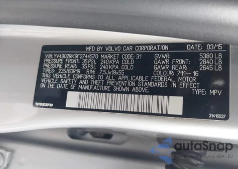 2015 Volvo Xc60 T6 z USA, uszkodzony, nr VIN YV4902RK9F2744570